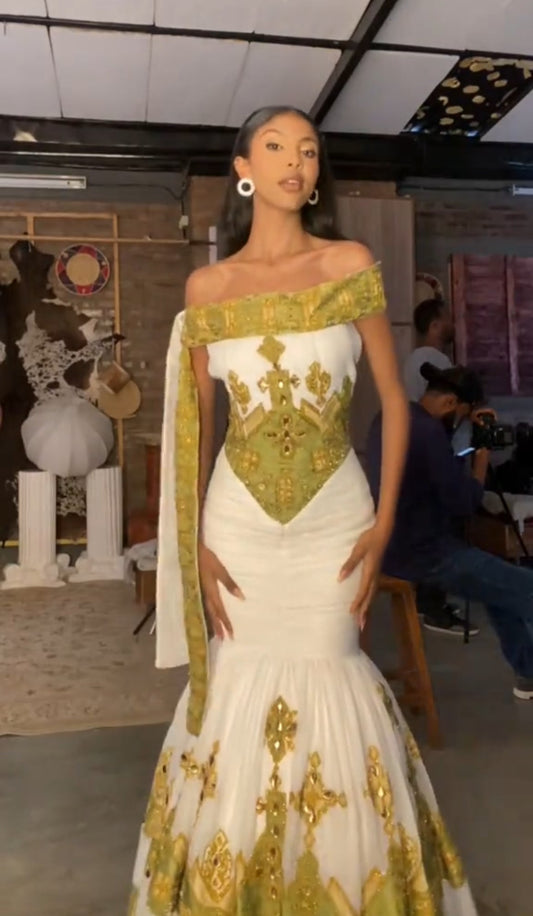 Vibrant White & Golden Geometric Modern Ethiopian Dress Bezawit