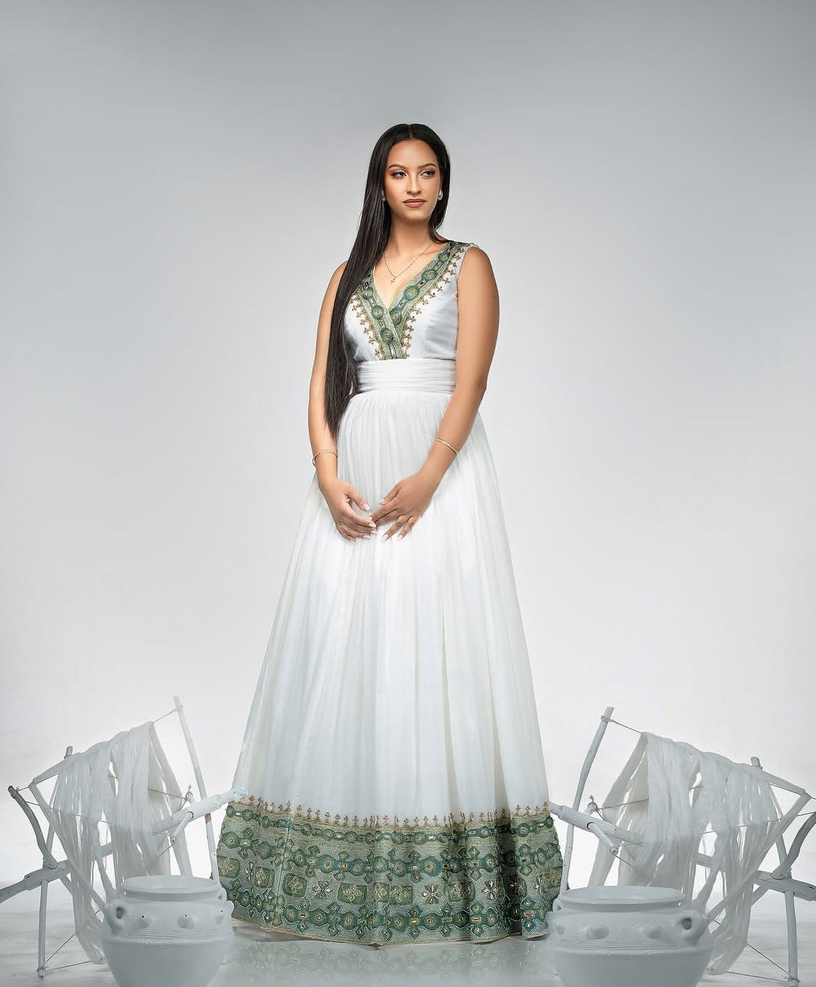 Elegant Green Embroidered Habesha Kemis with Crystal Accents