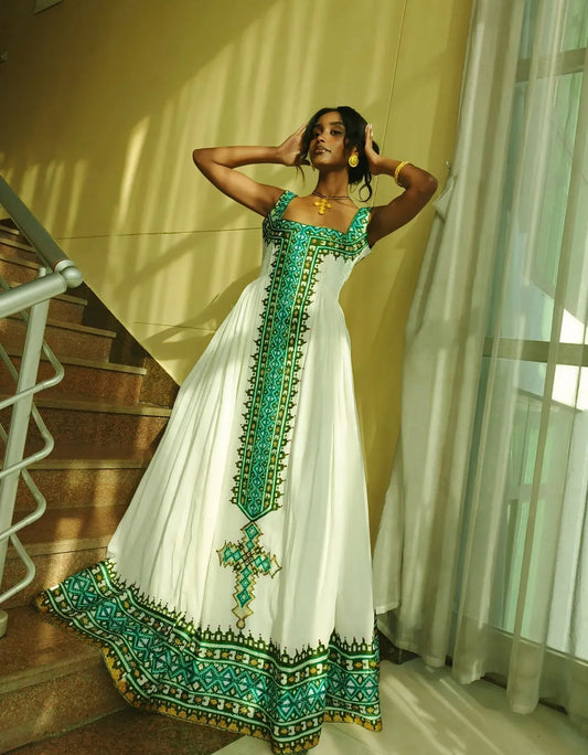 Elegant Green & White Habesha Dress - Traditional Ethiopian Attire for Festive Gatherings yaab.habesha