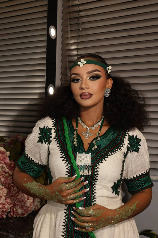 Beautiful Traditional Ethiopian Dress | Green embroidered Fetil Habesha Dress yaab.habesha