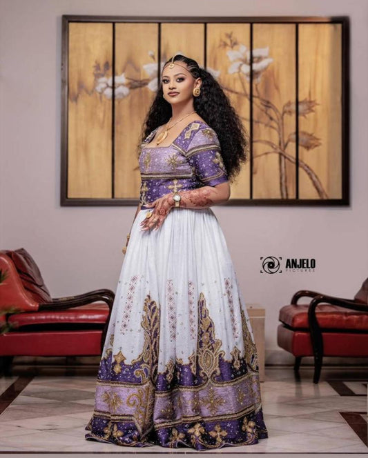 Modern Wedding Dress - Ethiopian Wedding Gown | Zuria with Purple Design