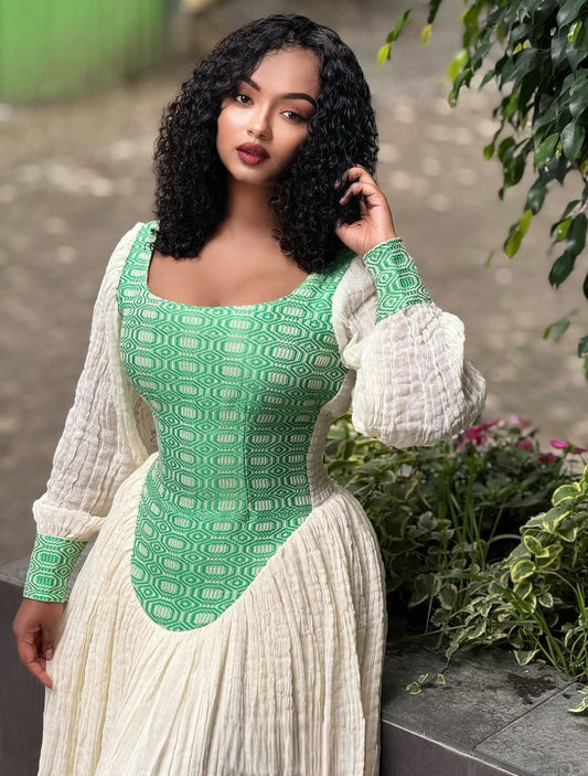 Simply Beautiful Green & White Corset style Habesha Dress