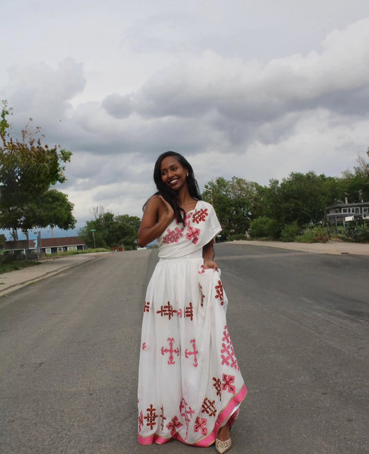 Simple & Elegant Ethiopian Habesha Dress with pink tilet– Traditional Habesha Kemis with Pink Tibeb Embroidery My Store