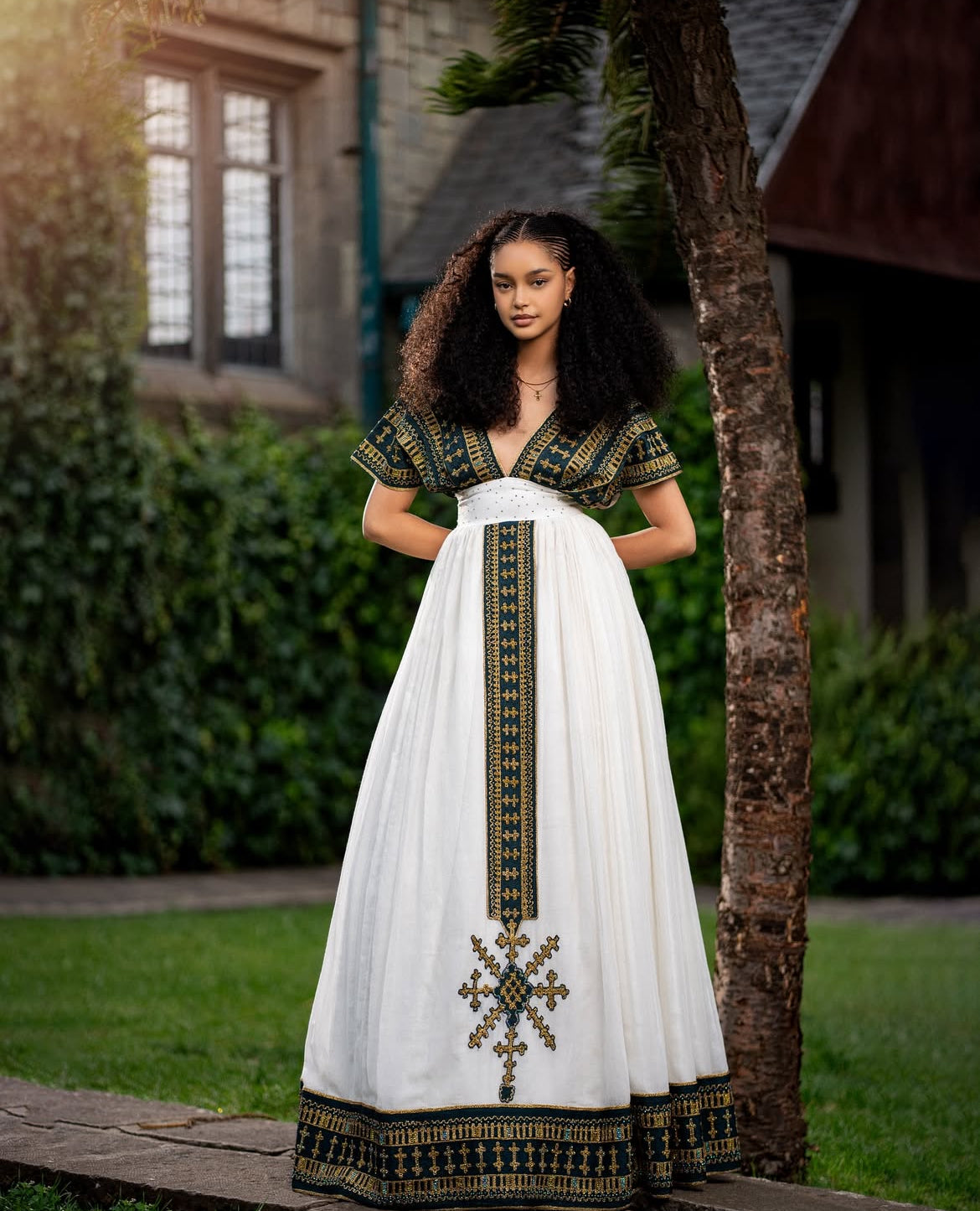 Modern Habesha Dress - Ethiopian Kemis - Green Tibeb Embroidery
