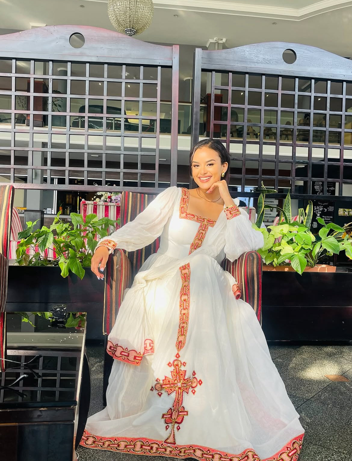 Simple Red & White Habesha Dress - Ethiopian Dress with Striking Cross Design yaab.habesha