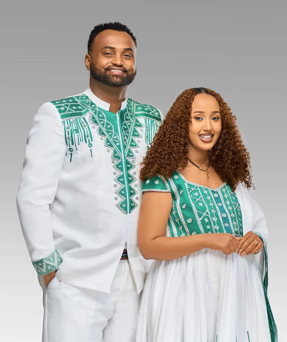 Elegant Habesha Wedding Couple Package – Women’s Kemis + Matching Men’s Look from HabeshaDress.Store Habesha Dresses Store