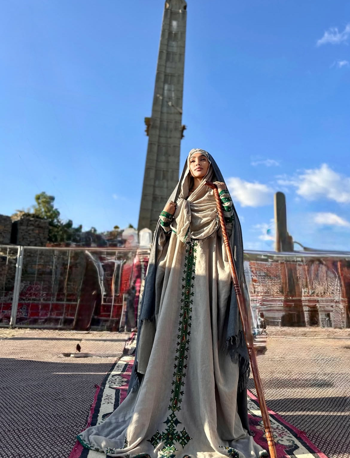 Classic Habesha Kemis in Light Gray with Green Tilet – Vintage-Inspired Design