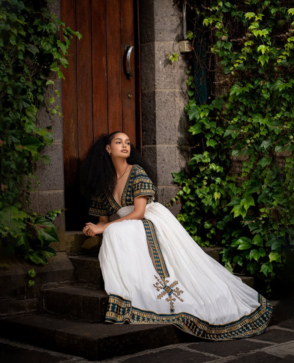 Modern Habesha Dress - Ethiopian Kemis - Green Tibeb Embroidery