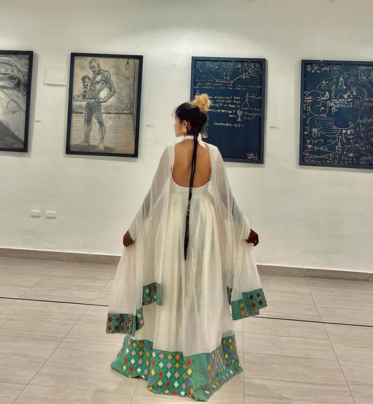 Beautiful White Habesha Dress with Golden Cross Motifs - Elegant Ethiopian Zuria Habesha Dresses Store