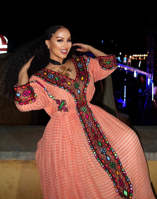 Beautiful Traditional Ethiopian Dress | Red embroidered Crystalline Fetil Habesha Dress