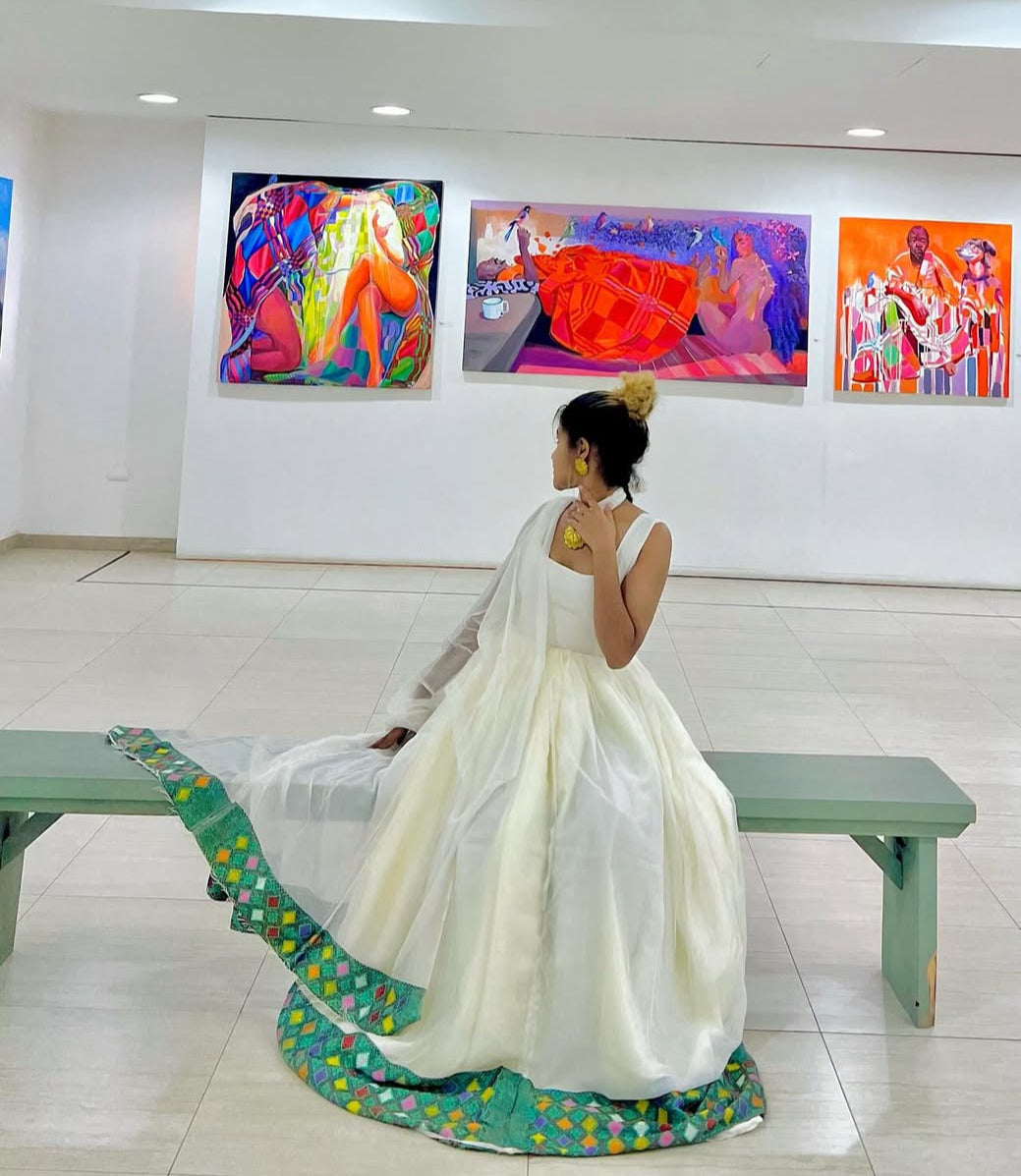 Beautiful White Habesha Dress with Golden Cross Motifs - Elegant Ethiopian Zuria Habesha Dresses Store
