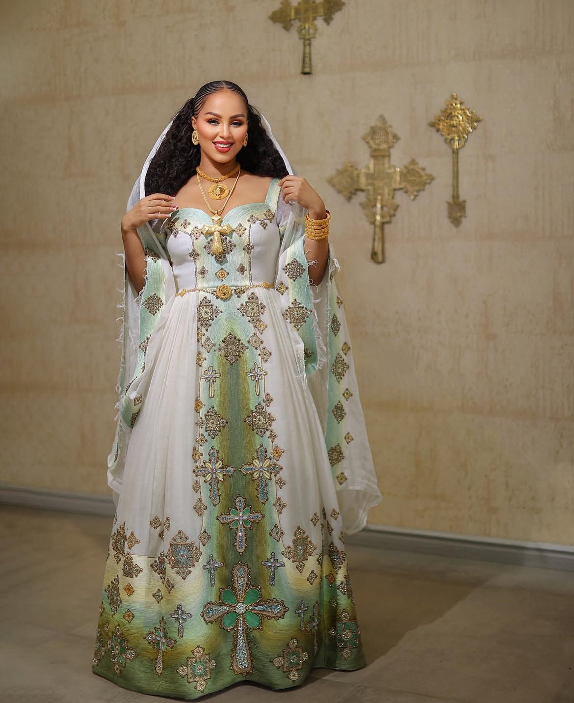 designer ethiopian wedding dress Habesha Dress | Full-sleeved With Gold Embroidery | Weddings & Special Occasions Dress | Green Fabric Designs | Ethiopia Dress Hab123