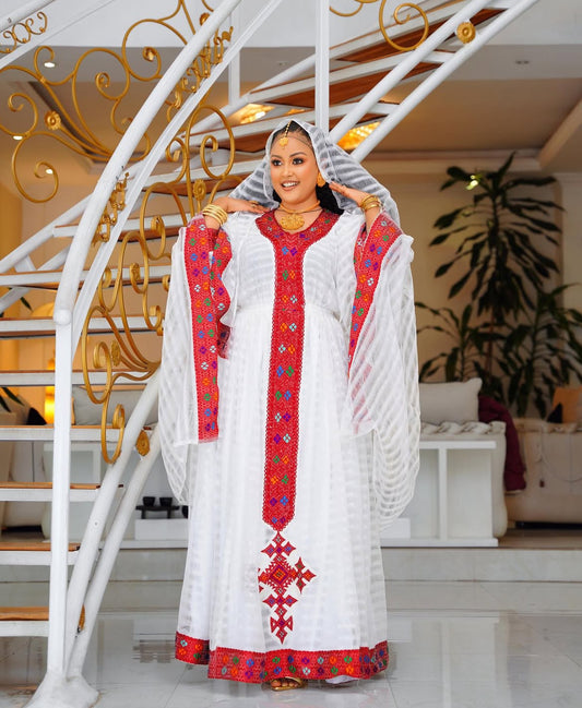 Elegant Habesha Dress - Red Embroidery - Handwoven Kemis