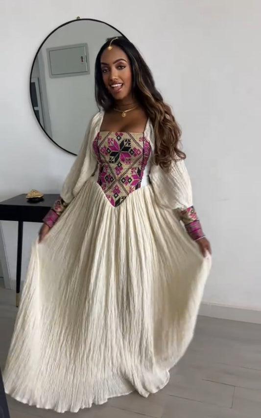 Beautiful Red corset-style bodice Ethiopian Dress - Colorful Pattern Habesha Zuria Bezawit
