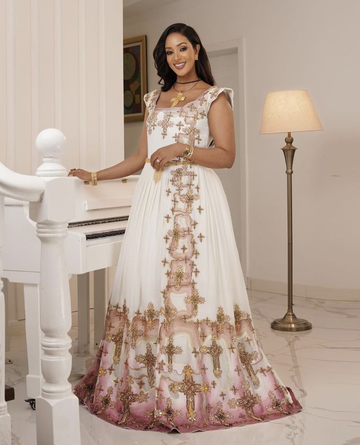Habesha Libs – Modern Wedding Dress with Elegant pink Borders for Women