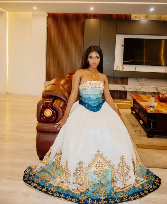 Beautiful White & Blue Habesha Dress - Captivating Modern Ethiopian Attire for Women yaab.habesha