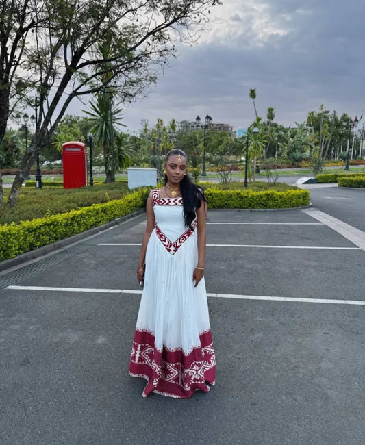 Simple yet Elegant Habesha Dress with Red Tibeb – Handwoven Ethiopian Traditional Dress for Women Bezawit