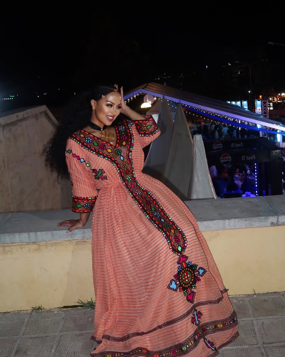 Beautiful Traditional Ethiopian Dress | Red embroidered Crystalline Fetil Habesha Dress