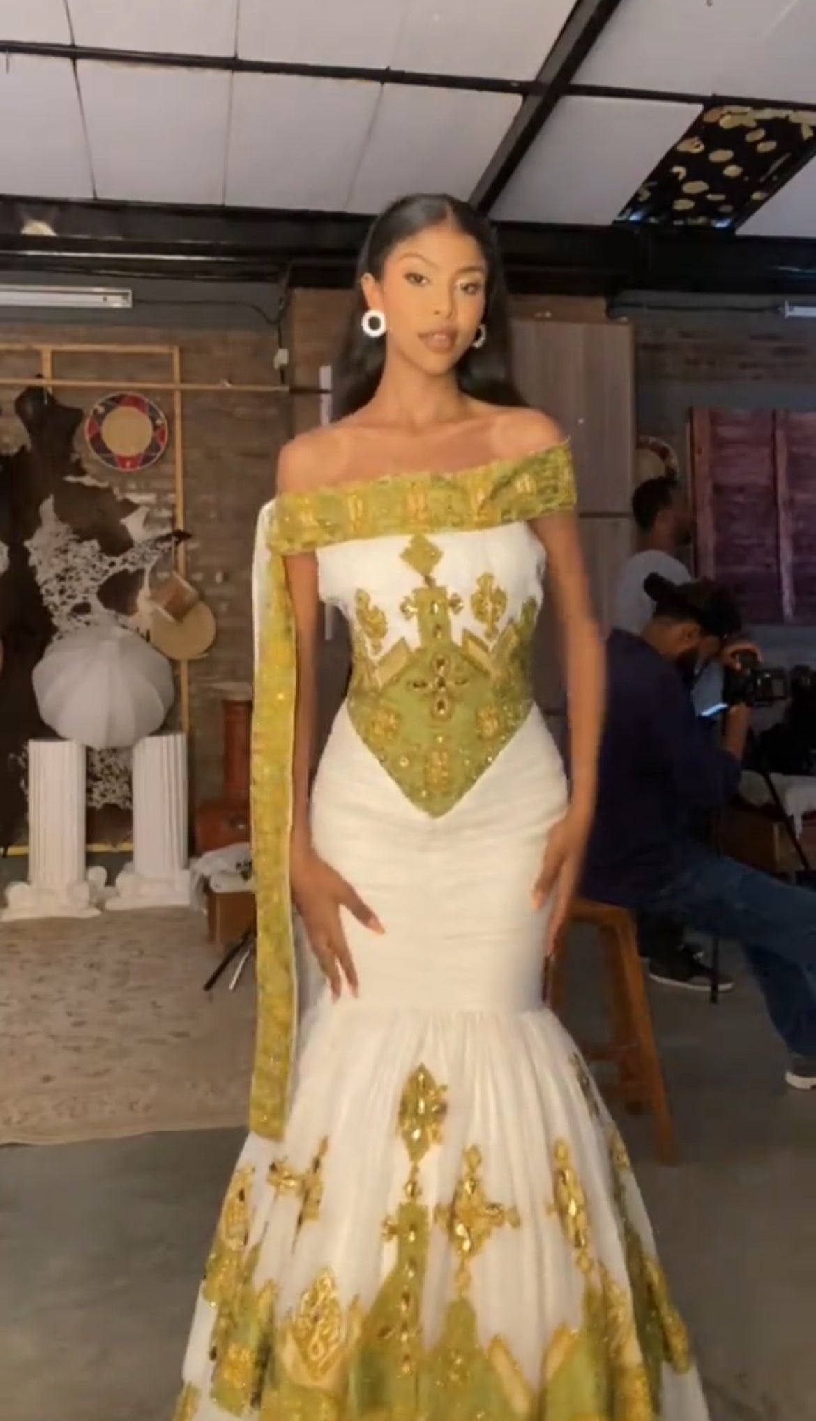 Vibrant White & Golden Geometric Modern Ethiopian Dress