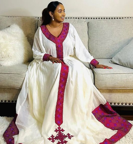 Simple Ethiopian Dress - Habesha Kemis - Tibeb Embroidery