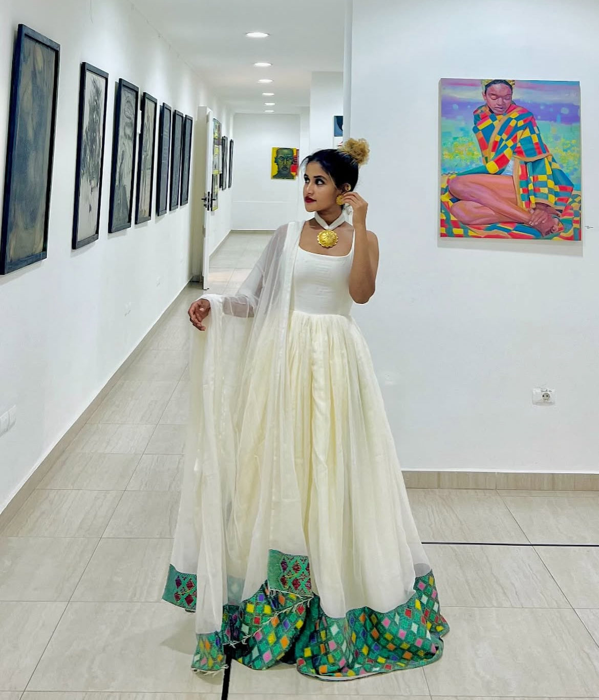 Beautiful White Habesha Dress with Golden Cross Motifs - Elegant Ethiopian Zuria Habesha Dresses Store
