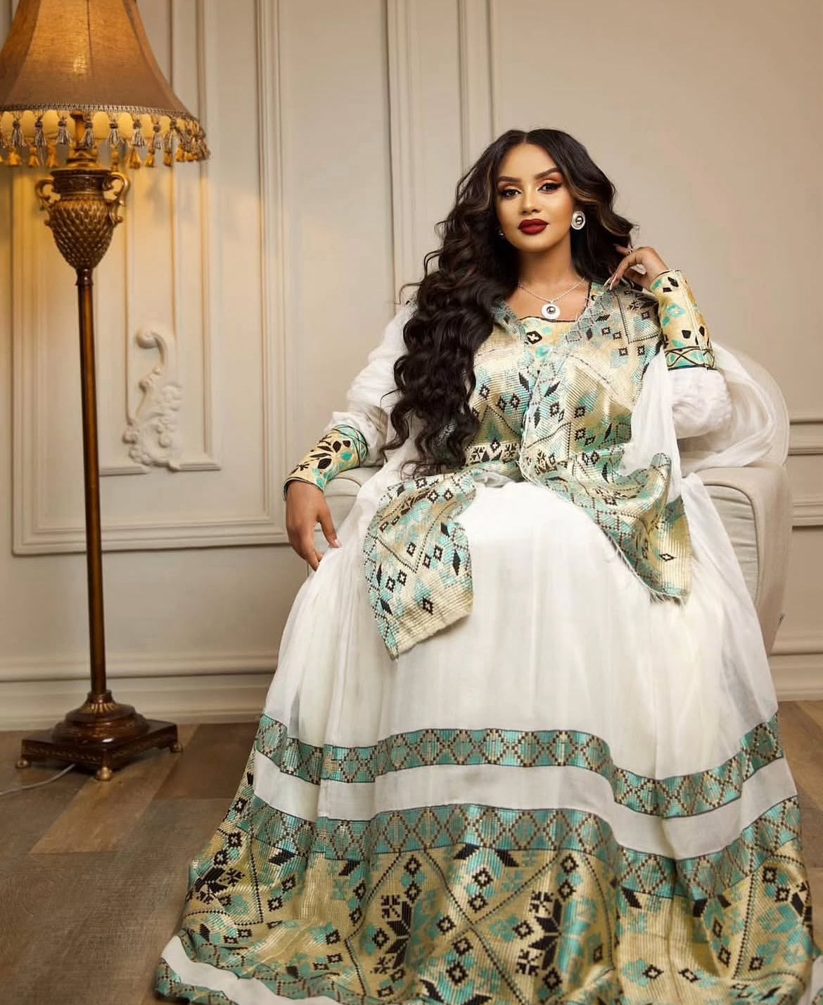 Elegant Ethiopian Dress – Handwoven Habesha Kemis with Gondar Tilf Embroidery
