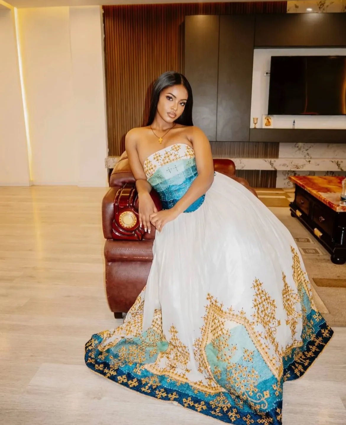 Beautiful White & Blue Habesha Dress - Captivating Modern Ethiopian Attire for Women yaab.habesha