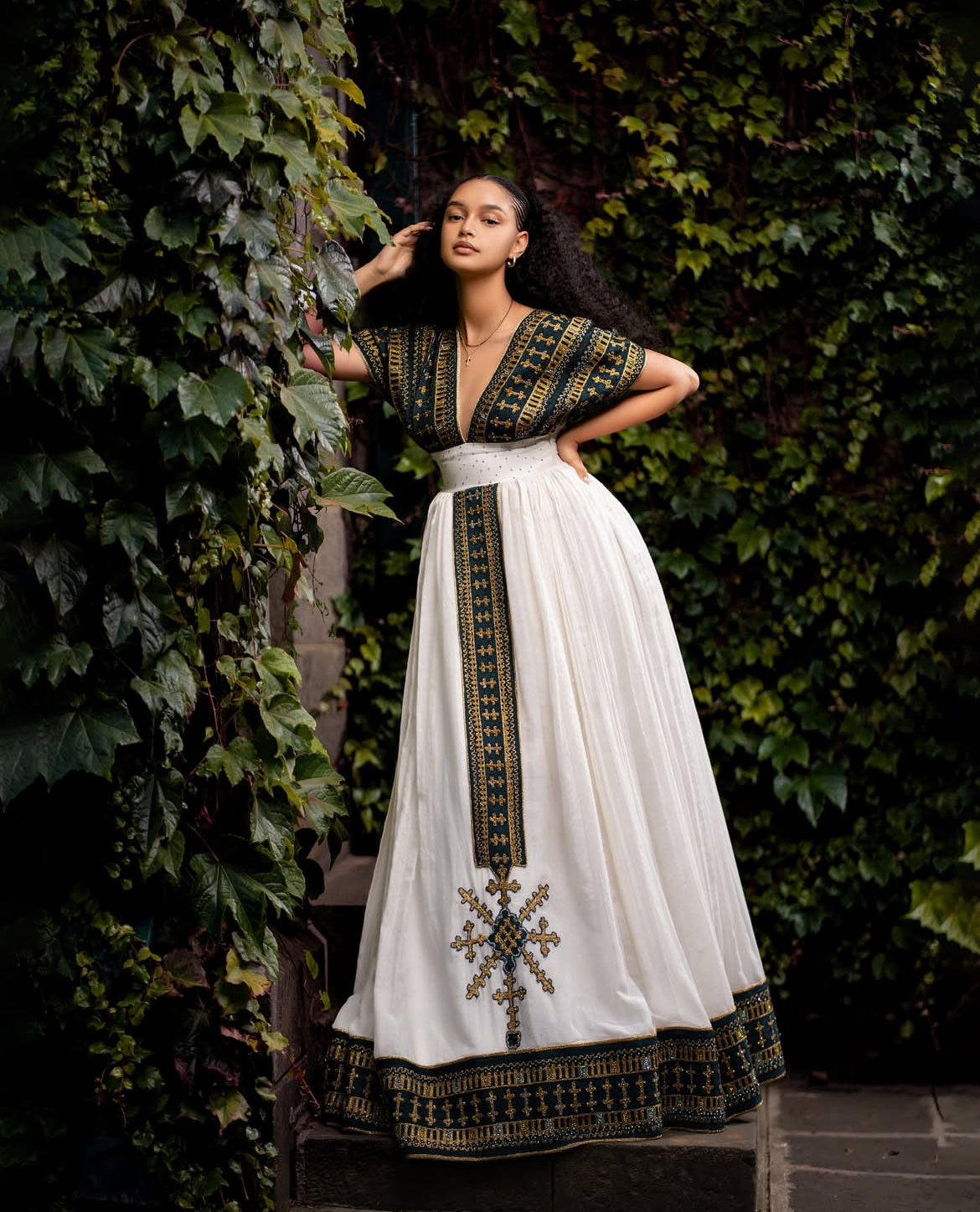 Modern Habesha Dress - Ethiopian Kemis - Green Tibeb Embroidery