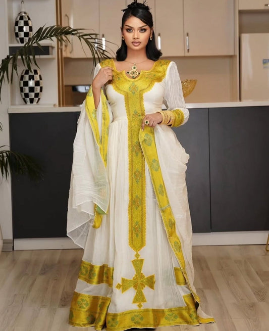 Beautiful Habesha Dress - White & Orange Ethiopian Zuria Bezawit