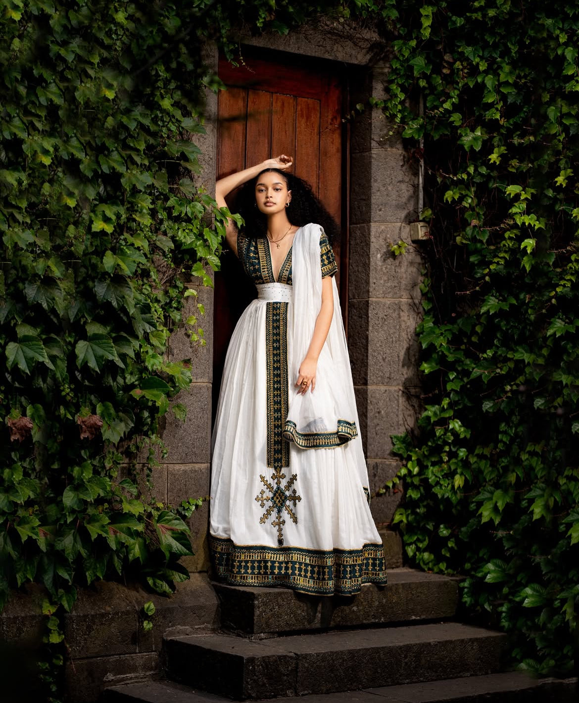 Modern Habesha Dress - Ethiopian Kemis - Green Tibeb Embroidery