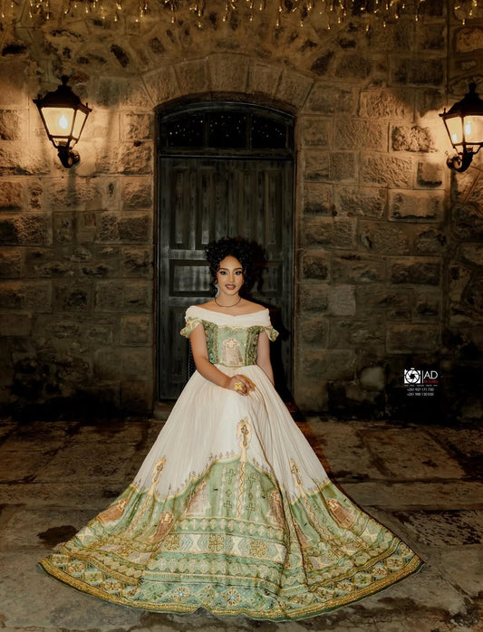 Elegant Habesha wedding dress- White Menen fabric with Green Hand-Woven Border Patterns