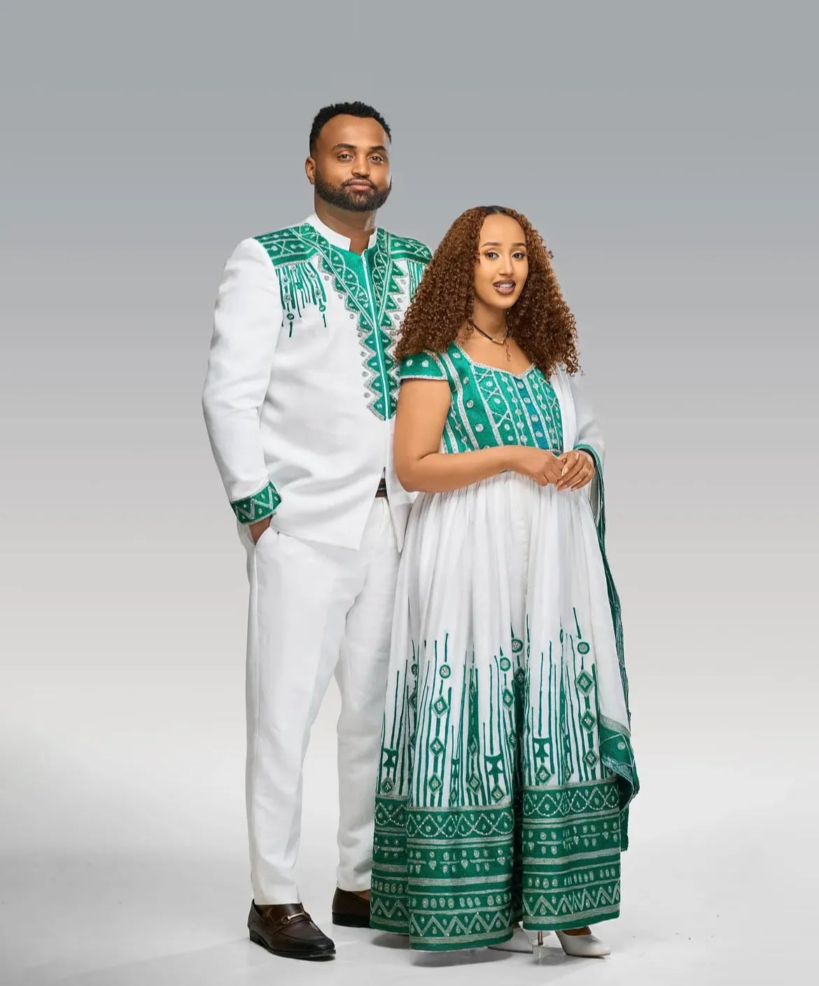 Elegant Habesha Wedding Couple Package – Women’s Kemis + Matching Men’s Look from HabeshaDress.Store Habesha Dresses Store