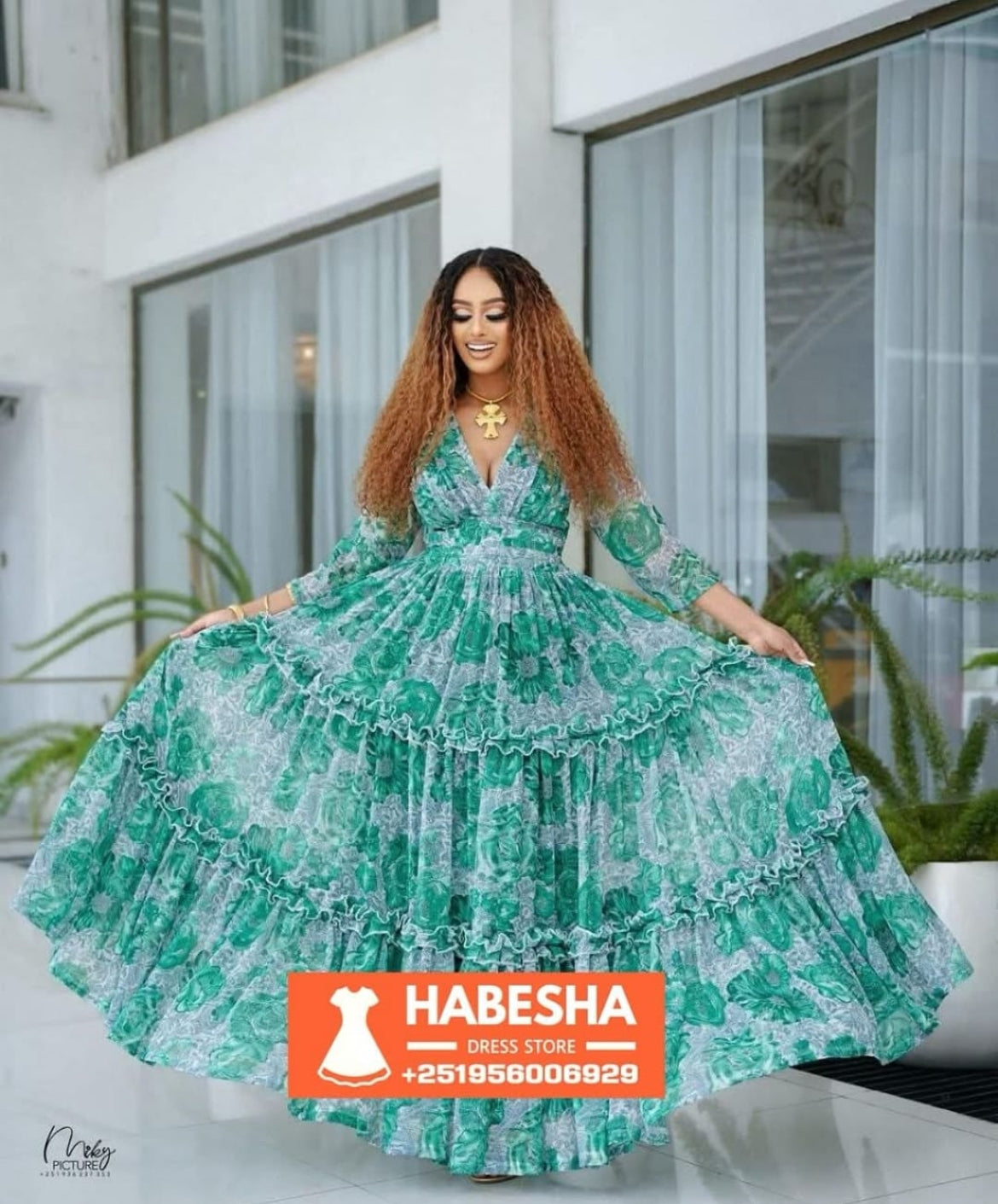 Flowing Green Habesha Chiffon Dress | Traditional Ethiopian ሽፎን for Weddings & Events