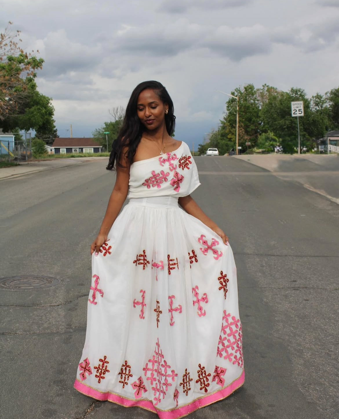 Simple & Elegant Ethiopian Habesha Dress with pink tilet– Traditional Habesha Kemis with Pink Tibeb Embroidery My Store