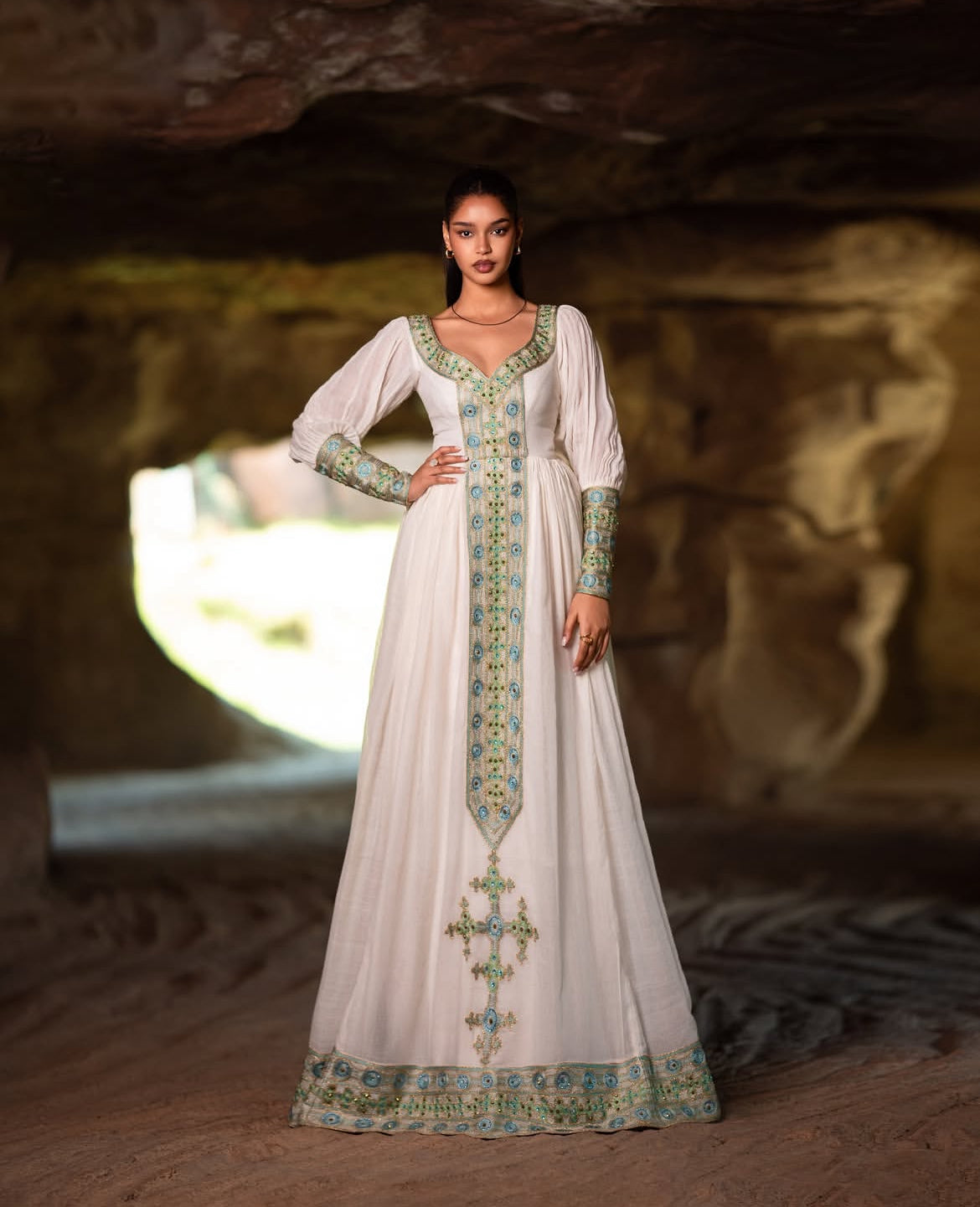 Beautiful Habesha Dress - Ethiopian Kemis - Green Tibeb Embroidery