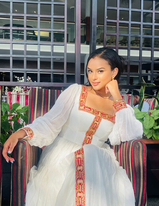 Simple Red & White Habesha Dress - Ethiopian Dress with Striking Cross Design yaab.habesha