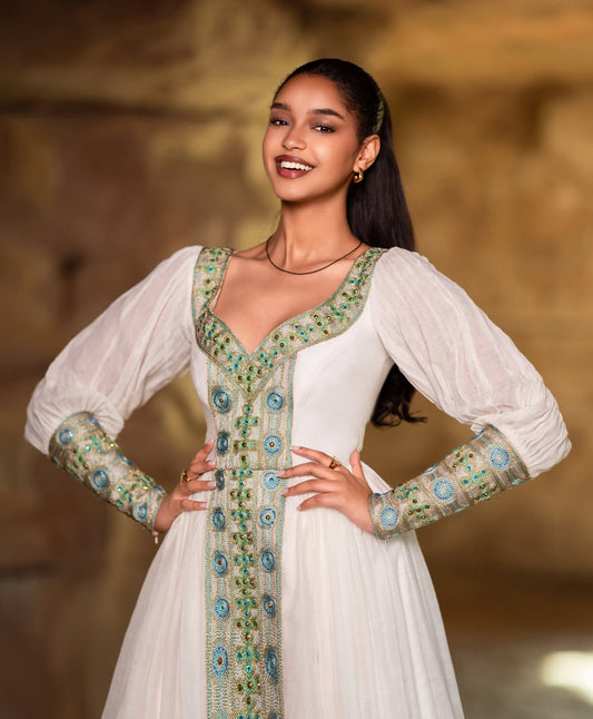 Beautiful Habesha Dress - Ethiopian Kemis - Green Tibeb Embroidery