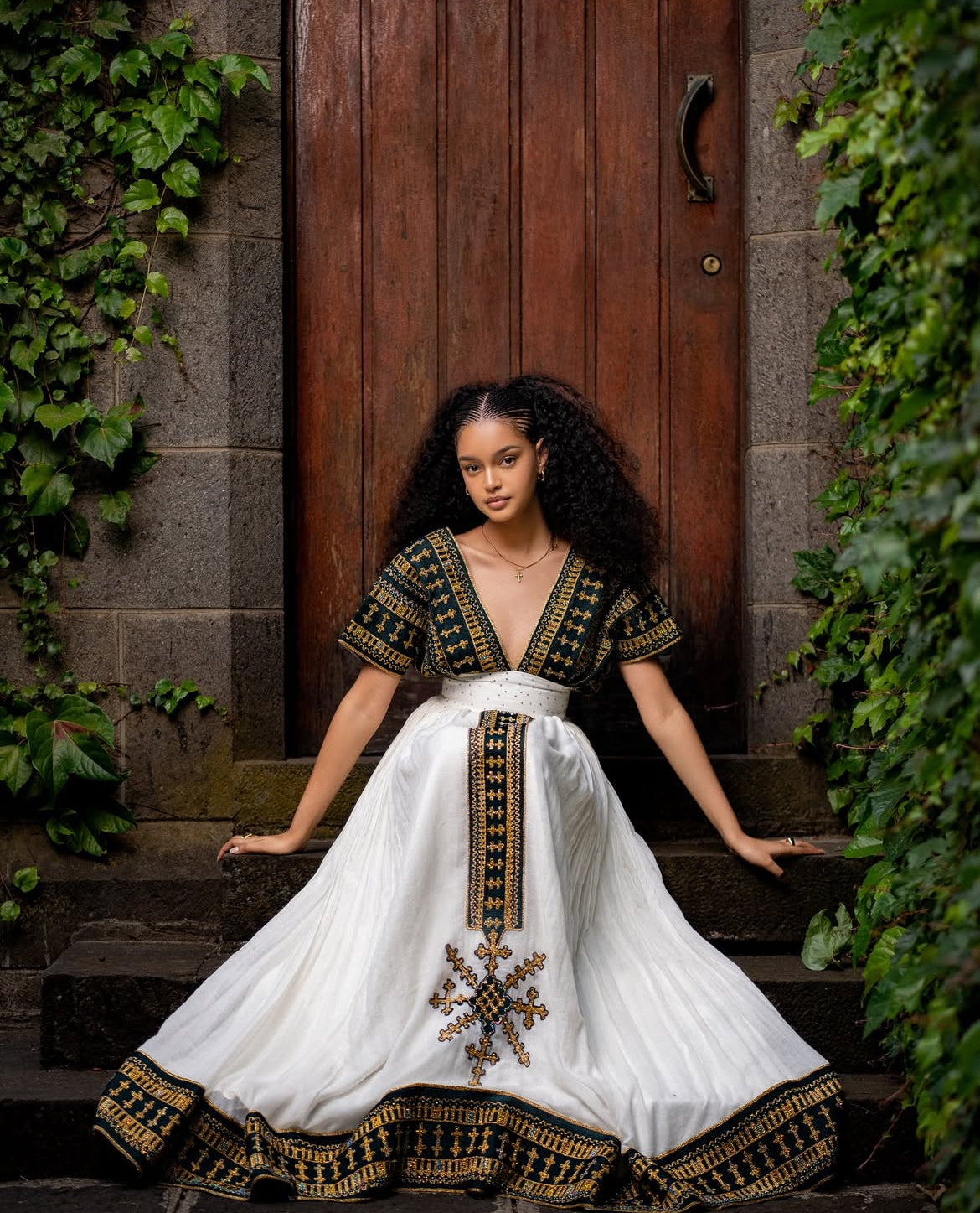 Modern Habesha Dress - Ethiopian Kemis - Green Tibeb Embroidery