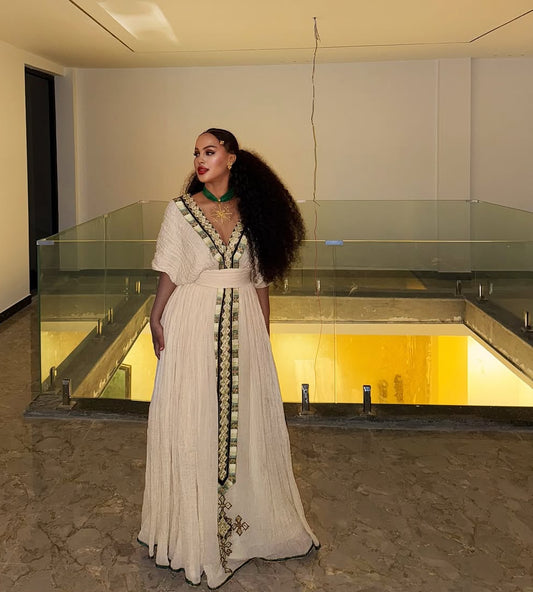 Elegant Habesha Dress - Gold & White Dress with Hand-Stitched tibeb