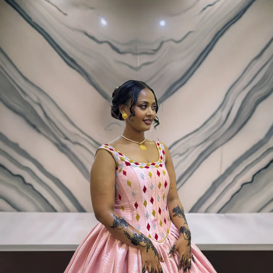 Beautiful Pink Ethiopian Wedding Dress – Classic Habesha Bridal Wear Habesha Dresses Store