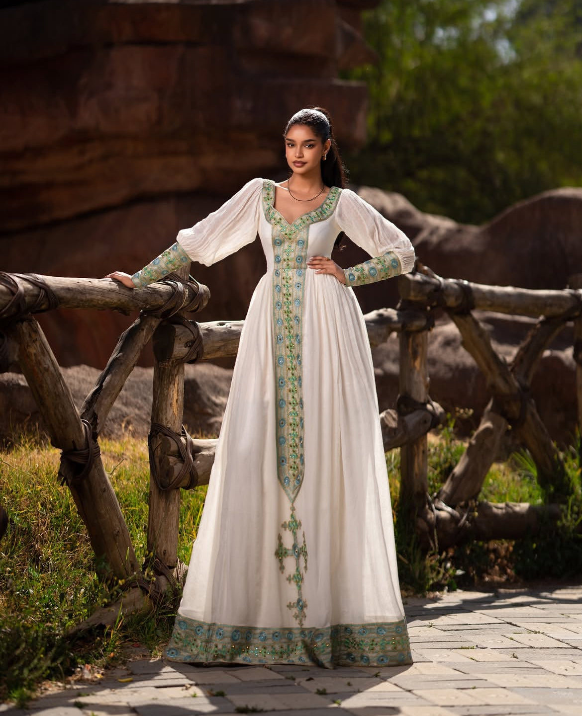 Beautiful Habesha Dress - Ethiopian Kemis - Green Tibeb Embroidery