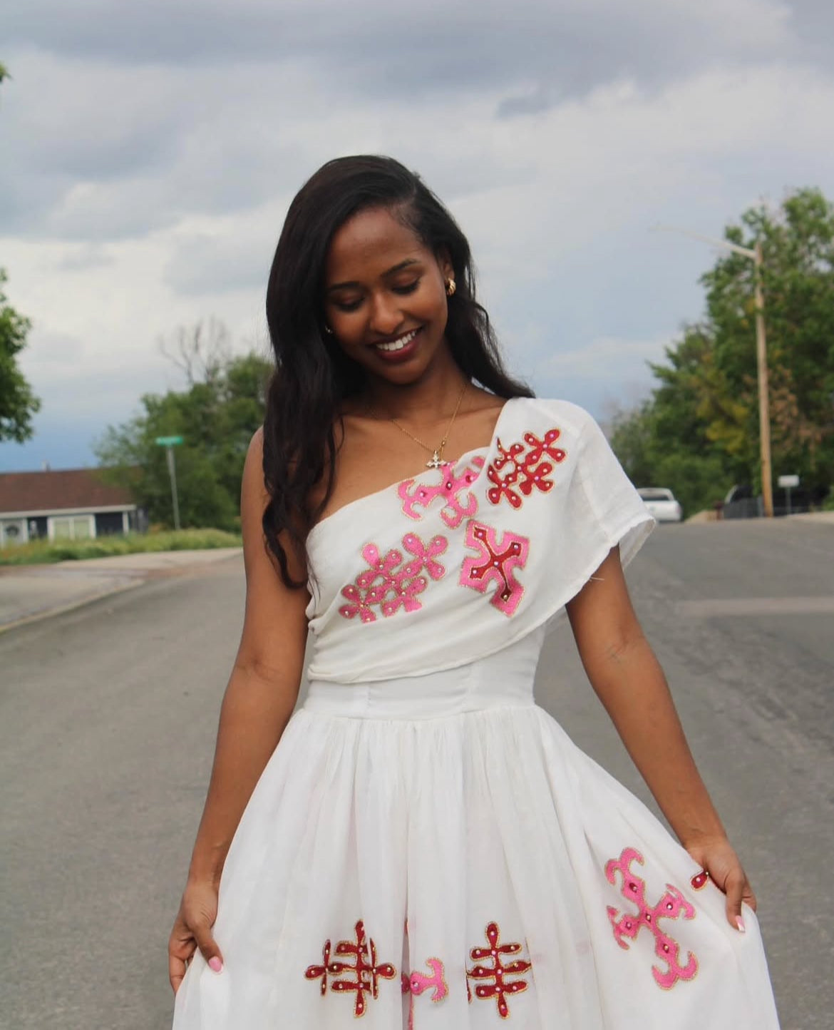 Simple & Elegant Ethiopian Habesha Dress with pink tilet– Traditional Habesha Kemis with Pink Tibeb Embroidery My Store