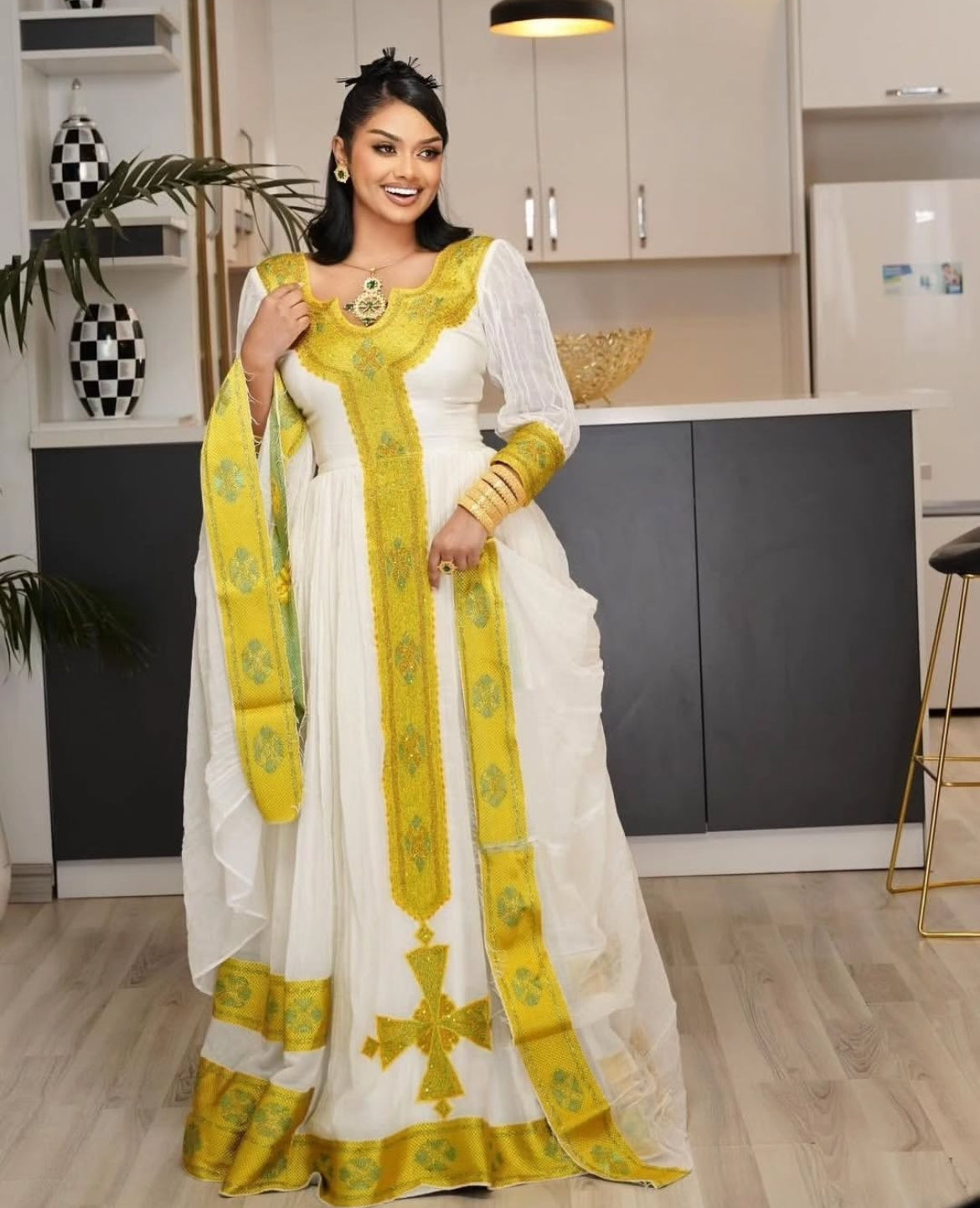 Beautiful Habesha Dress - White & Orange Ethiopian Zuria Bezawit