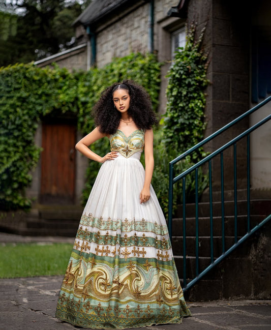 Modern Habesha Dress - Ethiopian Kemis - Green Tibeb Embroidery