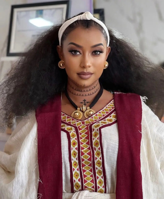 Elegant Ethiopian Dress - Habesha Kemis - Gondar Tilf Embroidery