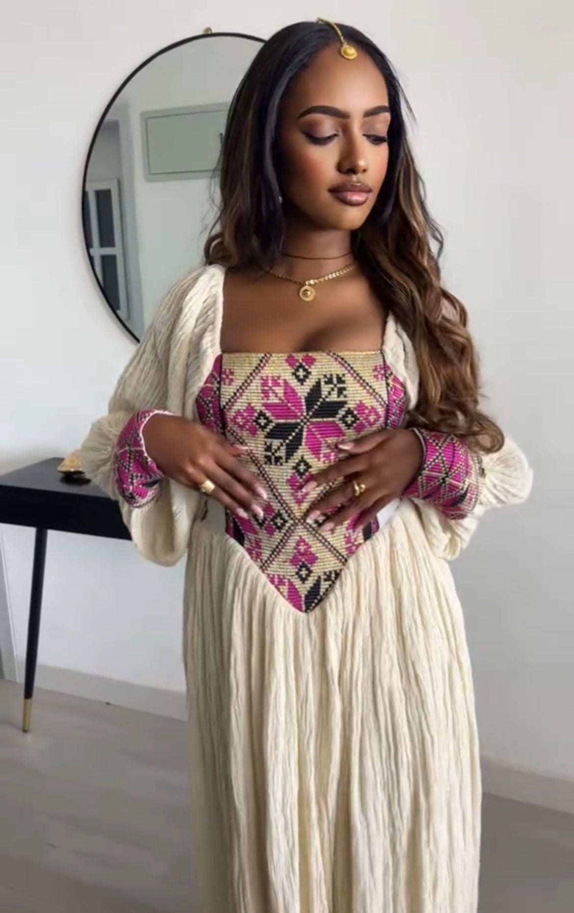 Beautiful Red corset-style bodice Ethiopian Dress - Colorful Pattern Habesha Zuria Bezawit