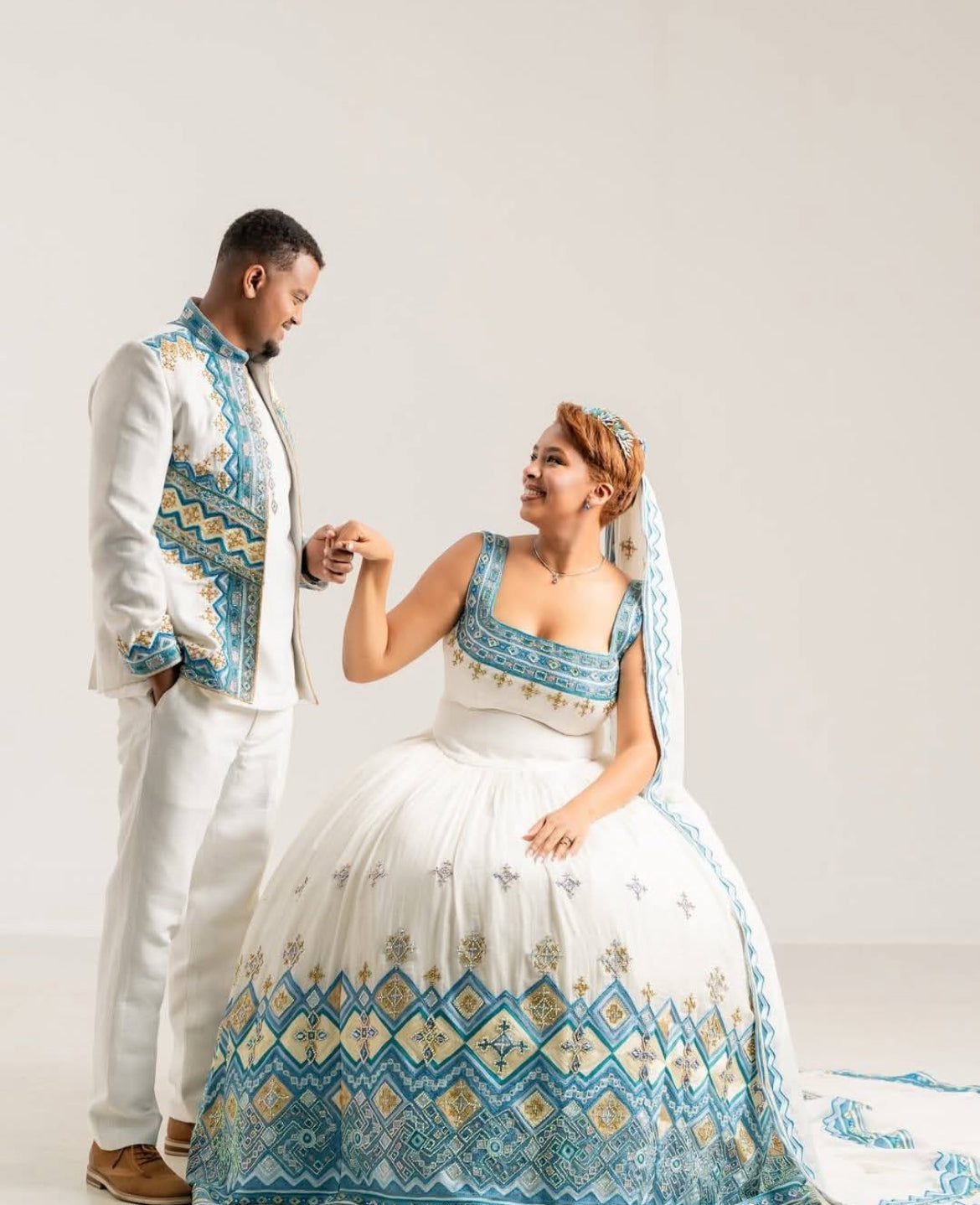 Habesha Couple Matching Outfit – Ethiopian & Eritrean Dress Set (Women’s Dress + Men’s Shirt + Pants)