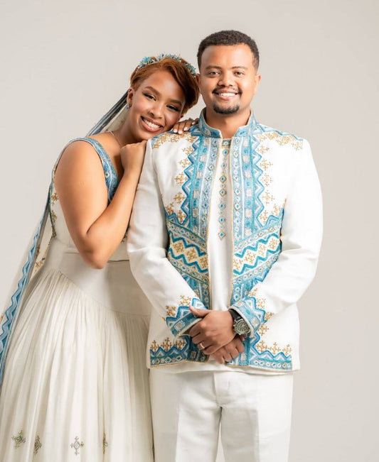 Habesha Couple Matching Outfit – Ethiopian & Eritrean Dress Set (Women’s Dress + Men’s Shirt + Pants) Habesha Dresses Store