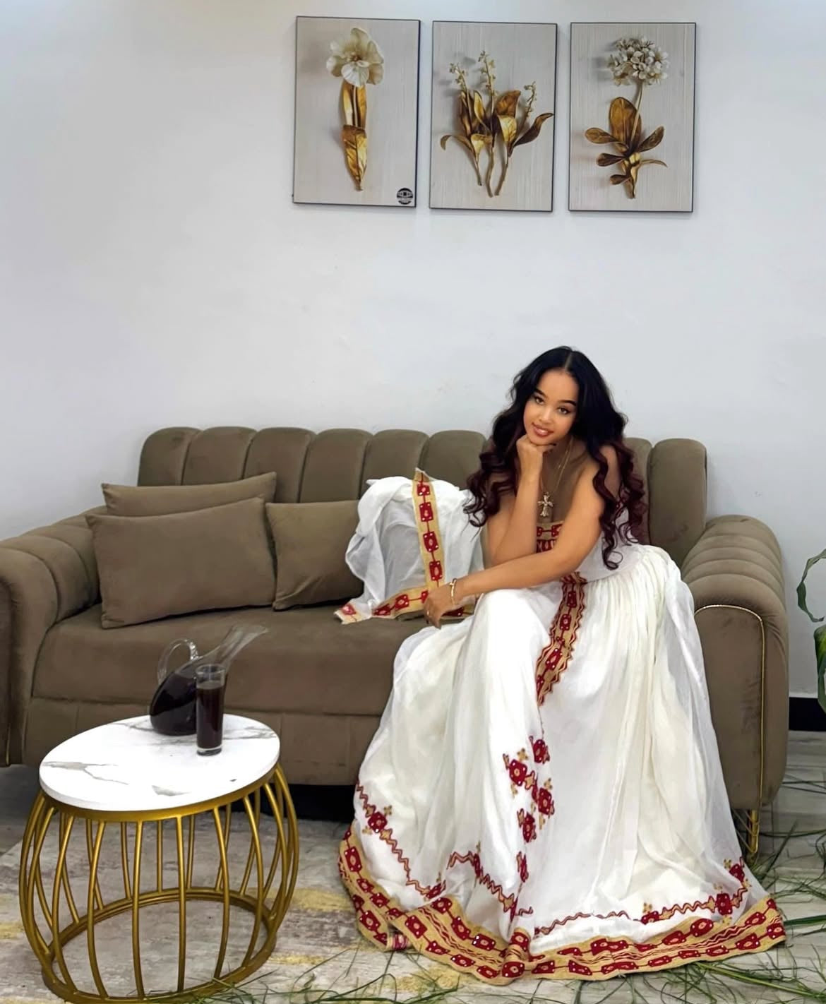 White Habesha Dress with Red Embroidery – Traditional Ethiopian Dress with Tilet Detailing