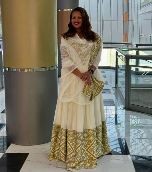 Royal Gold Habesha Dress - Ethiopian Kemis - Festive Moments